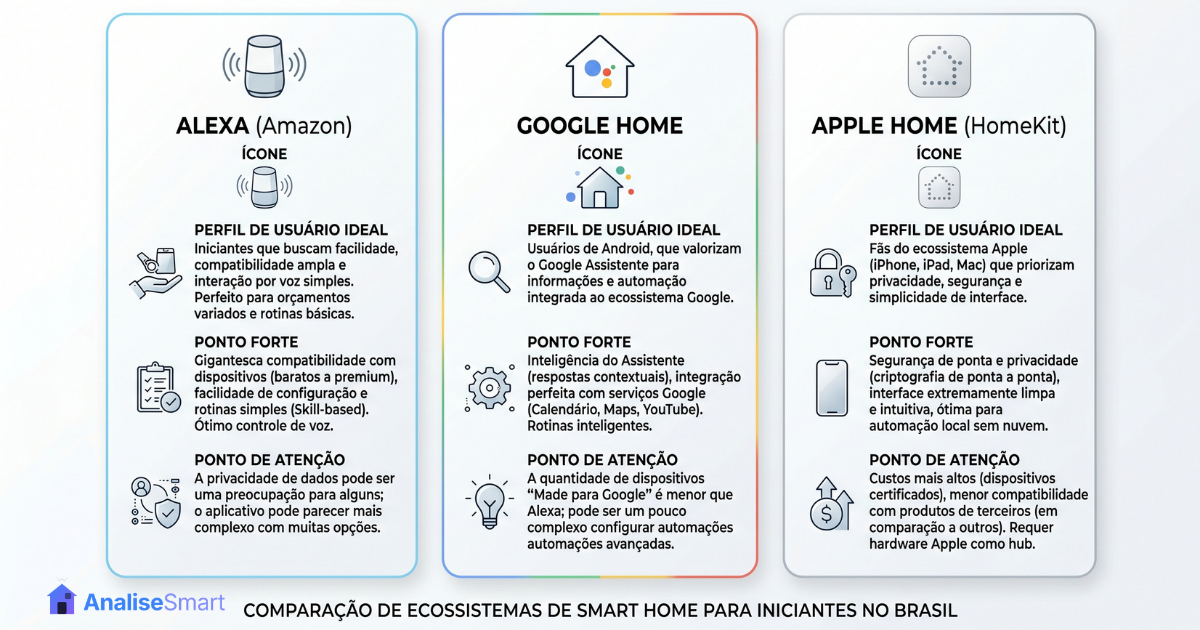 Alexa, Google Home ou Apple Home: qual ecossistema faz mais sentido para iniciantes?