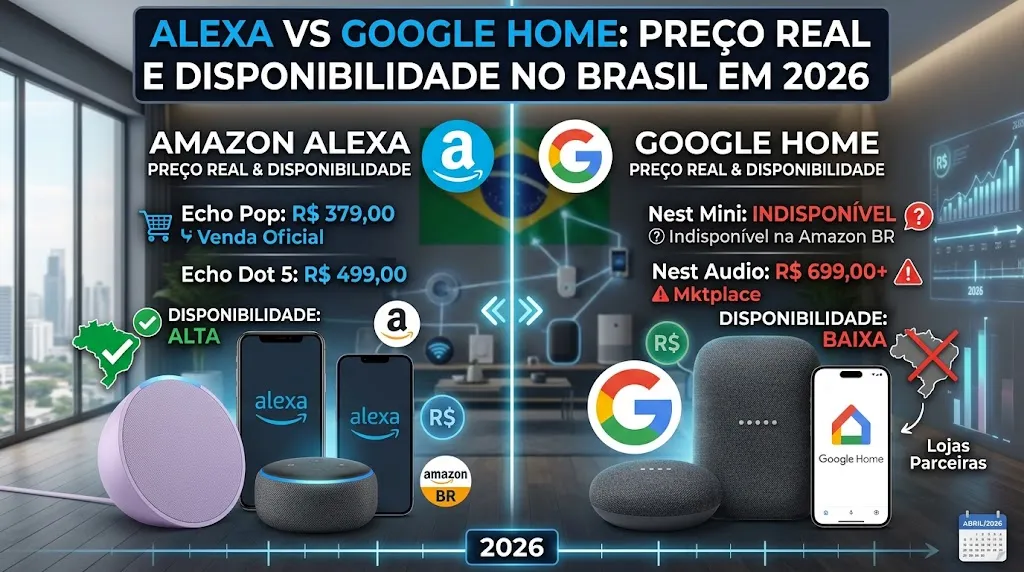 Alexa vs Google Home: preço real e disponibilidade no Brasil em 2026