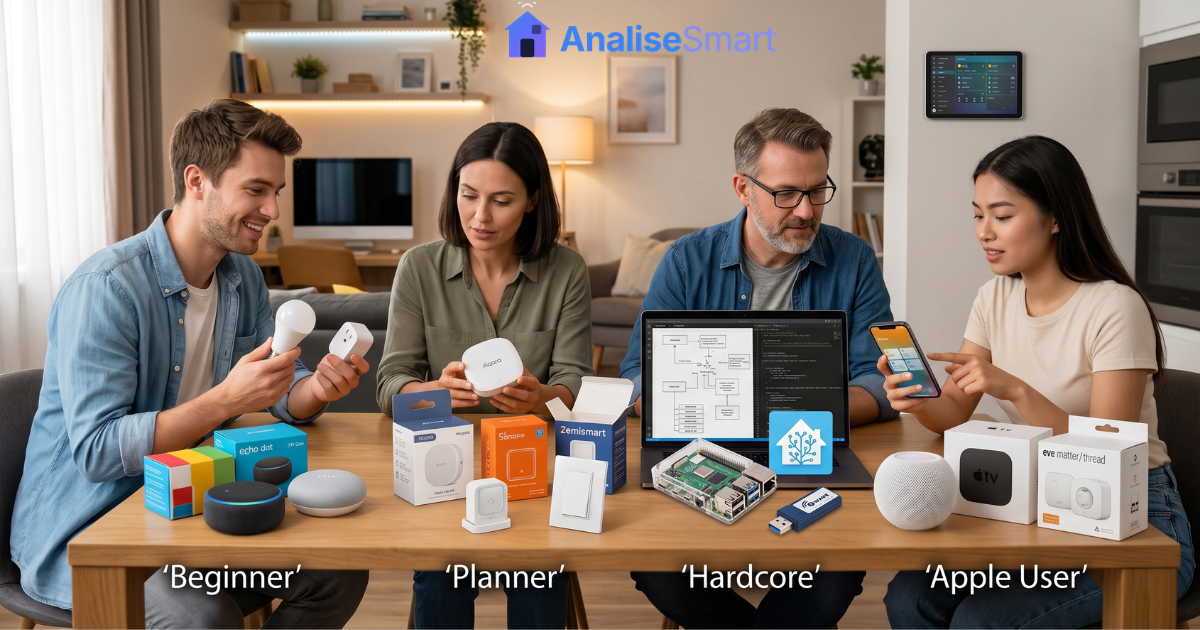 Árvore de decisão mostrando qual protocolo e hub comprar primeiro para cada perfil de usuário de casa inteligente