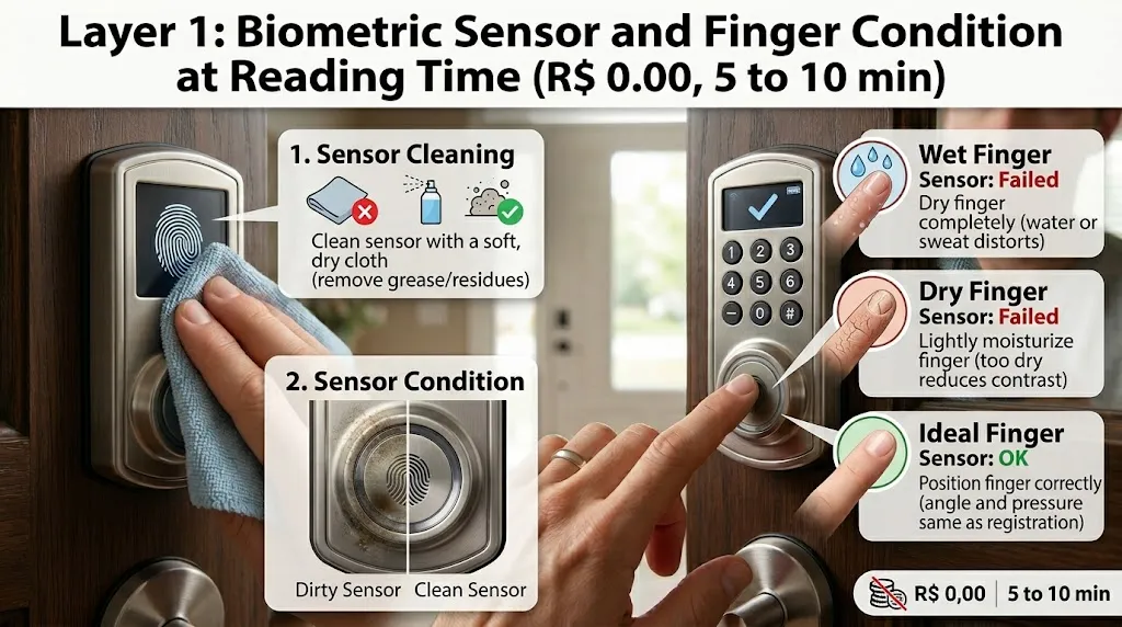 Camada 1: sensor biometrico e condicao do dedo na hora da leitura (R$ 0,00, 5 a 10 min)