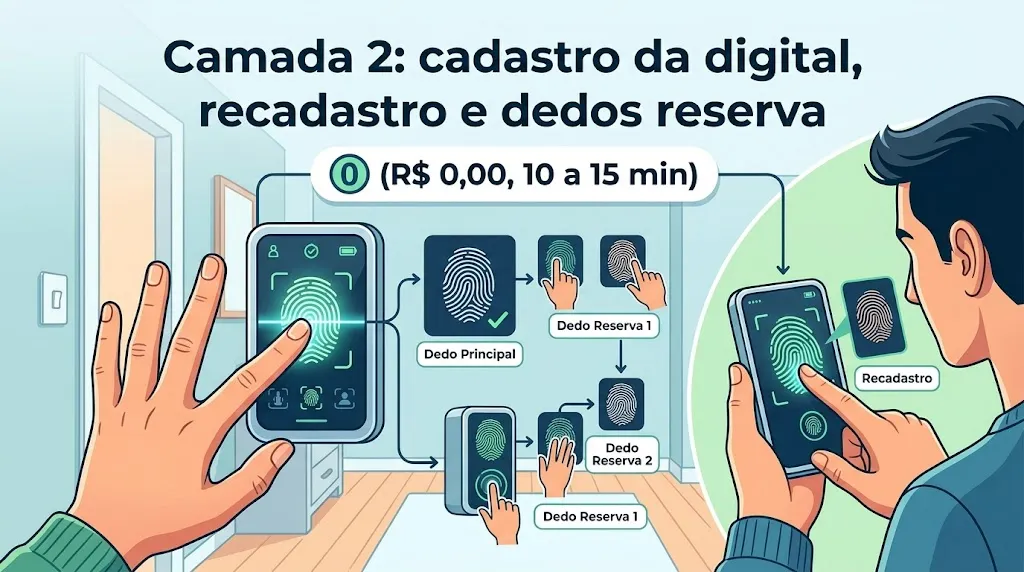 Camada 2: cadastro da digital, recadastro e dedos reserva (R$ 0,00, 10 a 15 min)