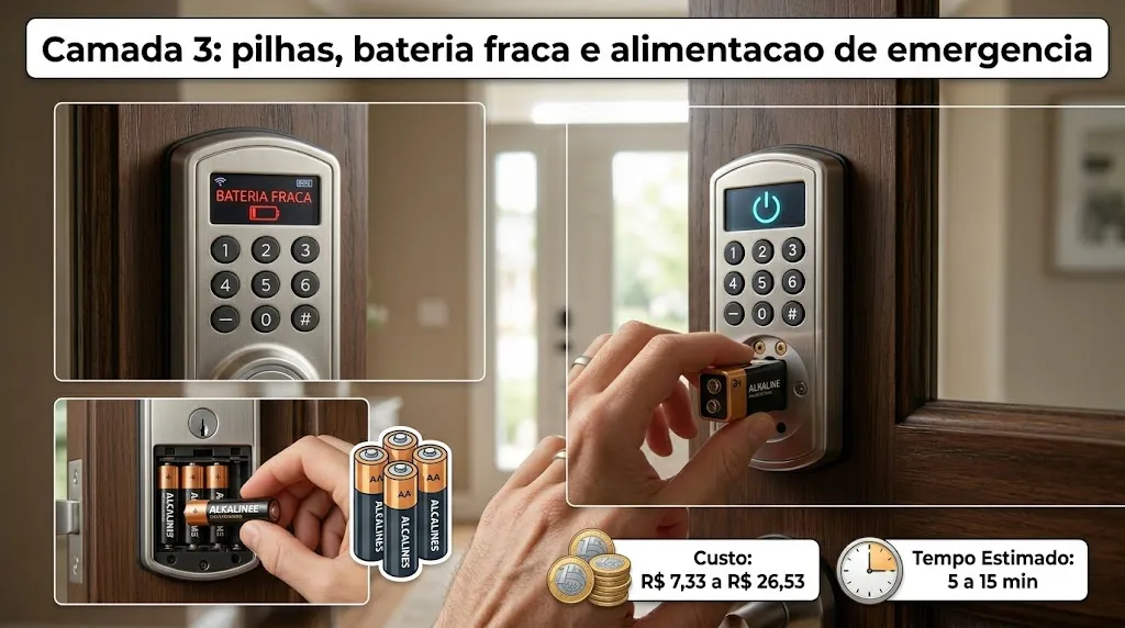 Camada 3: pilhas, bateria fraca e alimentacao de emergencia (R$ 7,33 a R$ 26,53, 5 a 15 min)
