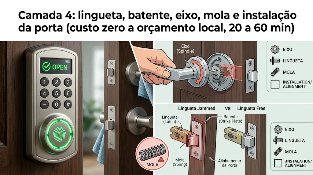 Camada 4: lingueta, batente, eixo, mola e instalacao da porta (custo zero a orcamento local, 20 a 60 min)