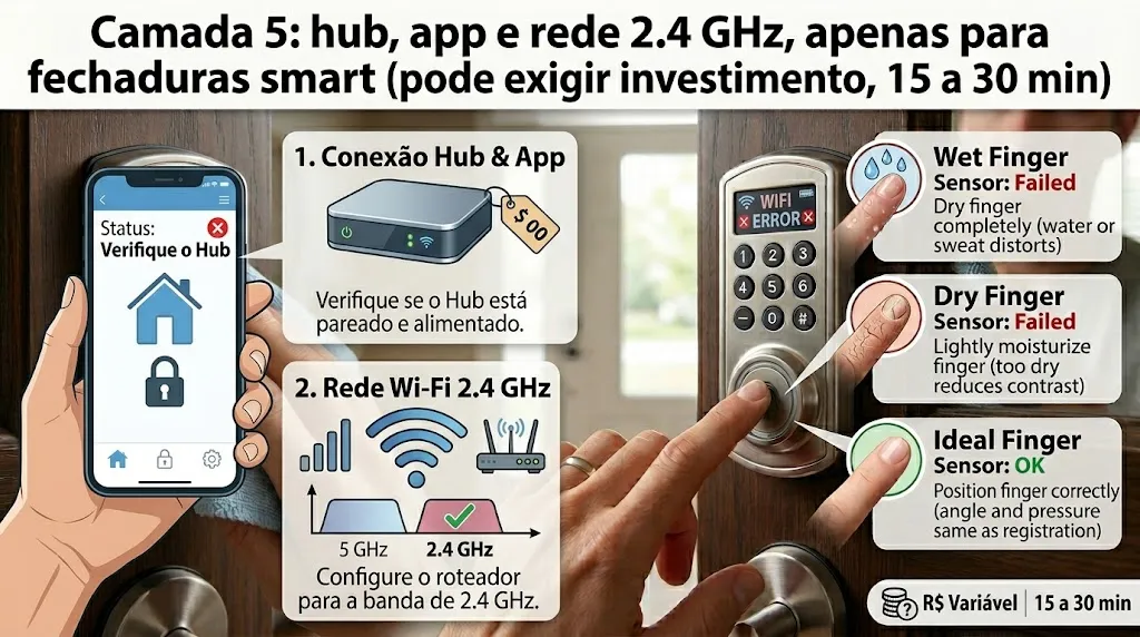 Camada 5: hub, app e rede 2.4 GHz, apenas para fechaduras smart (pode exigir investimento, 15 a 30 min)