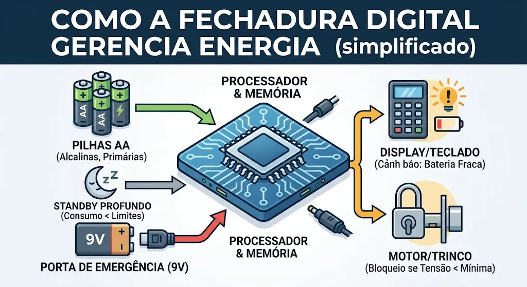 Como a fechadura digital gerencia energia (simplificado)