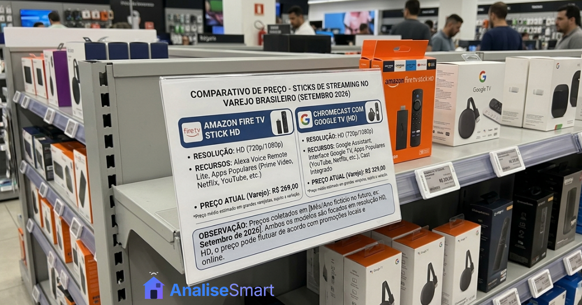 Comparativo de preço entre Amazon Fire TV Stick HD e Chromecast com Google TV no varejo brasileiro em 2026