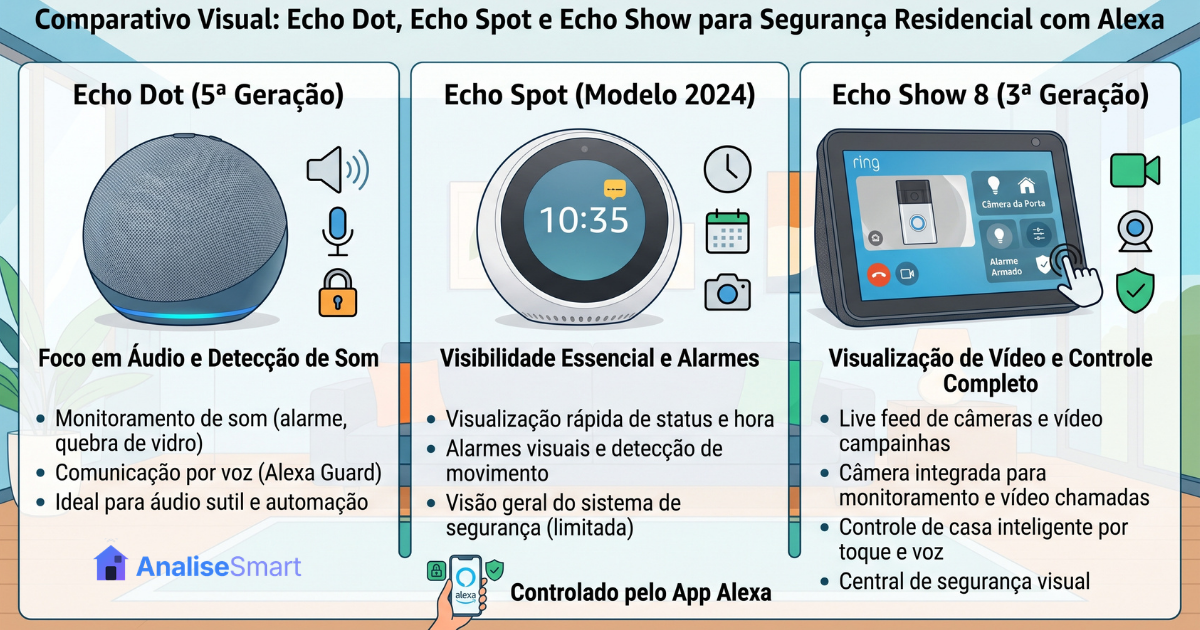 Comparativo visual Echo Dot, Echo Spot e Echo Show para segurança residencial com Alexa