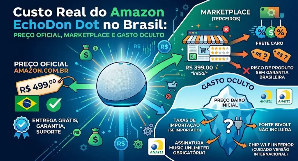Custo Real do Amazon Echo Dot no Brasil em 2026: Preço Oficial, Marketplace e Gasto Oculto
