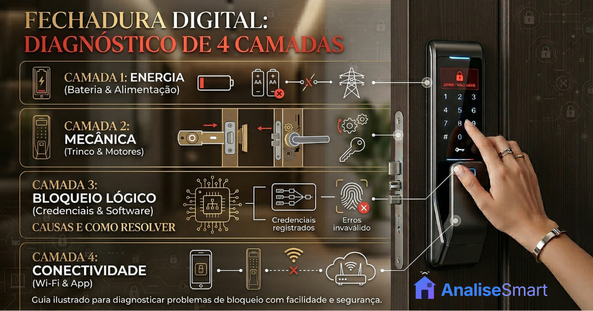 Diagrama das quatro camadas de diagnóstico: energia, mecânica, bloqueio lógico e conectividade