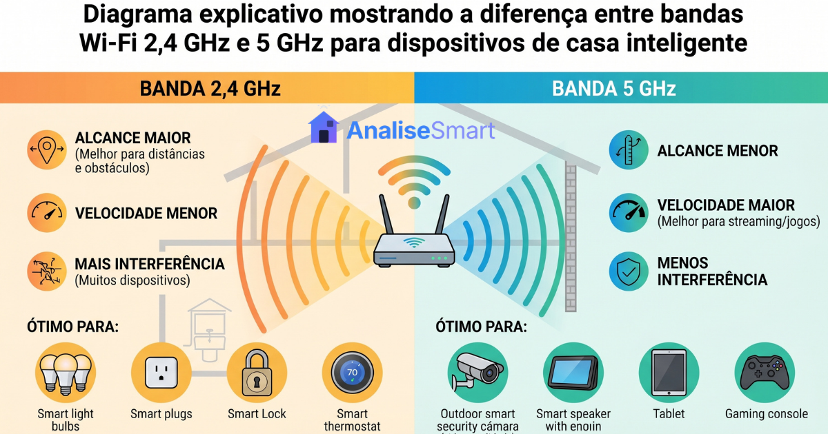 Diagrama explicativo mostrando a diferença entre bandas Wi-Fi 2,4 GHz e 5 GHz para dispositivos de casa inteligente