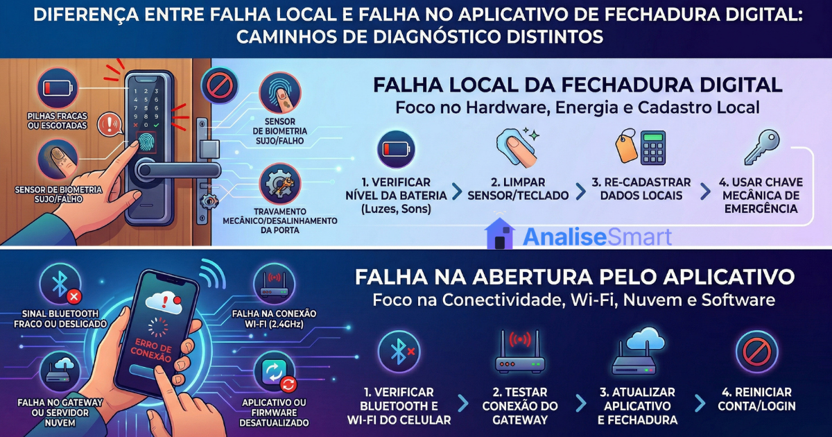 Diferença entre falha local da fechadura digital e falha na abertura pelo aplicativo: caminhos de diagnóstico distintos
