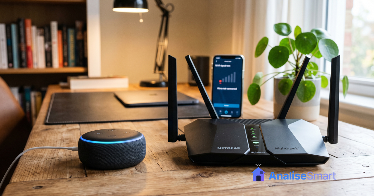 Echo ao lado do roteador em teste de proximidade | alt: teste de alcance para Alexa não conecta wifi