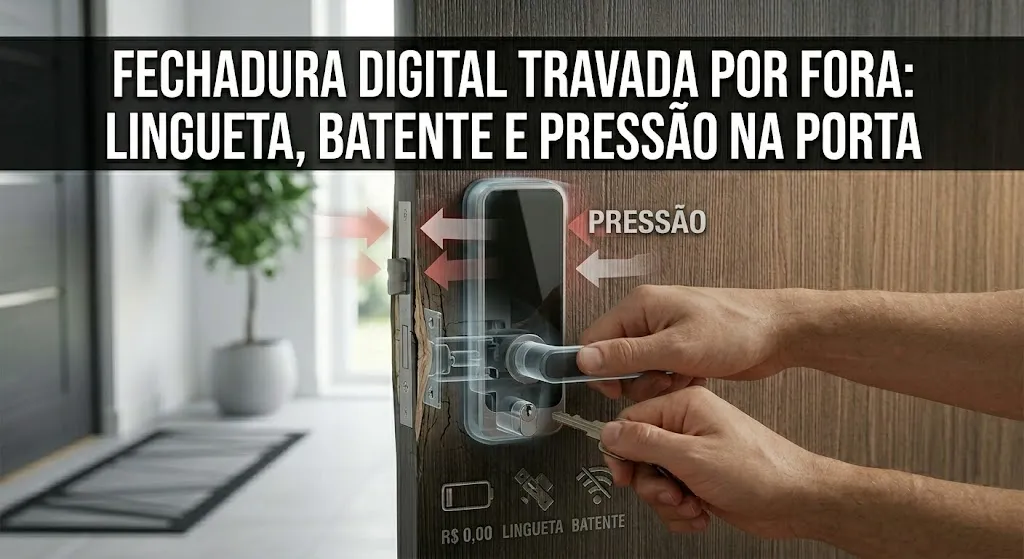 Fechadura digital travada por fora: lingueta, batente e pressao na porta
