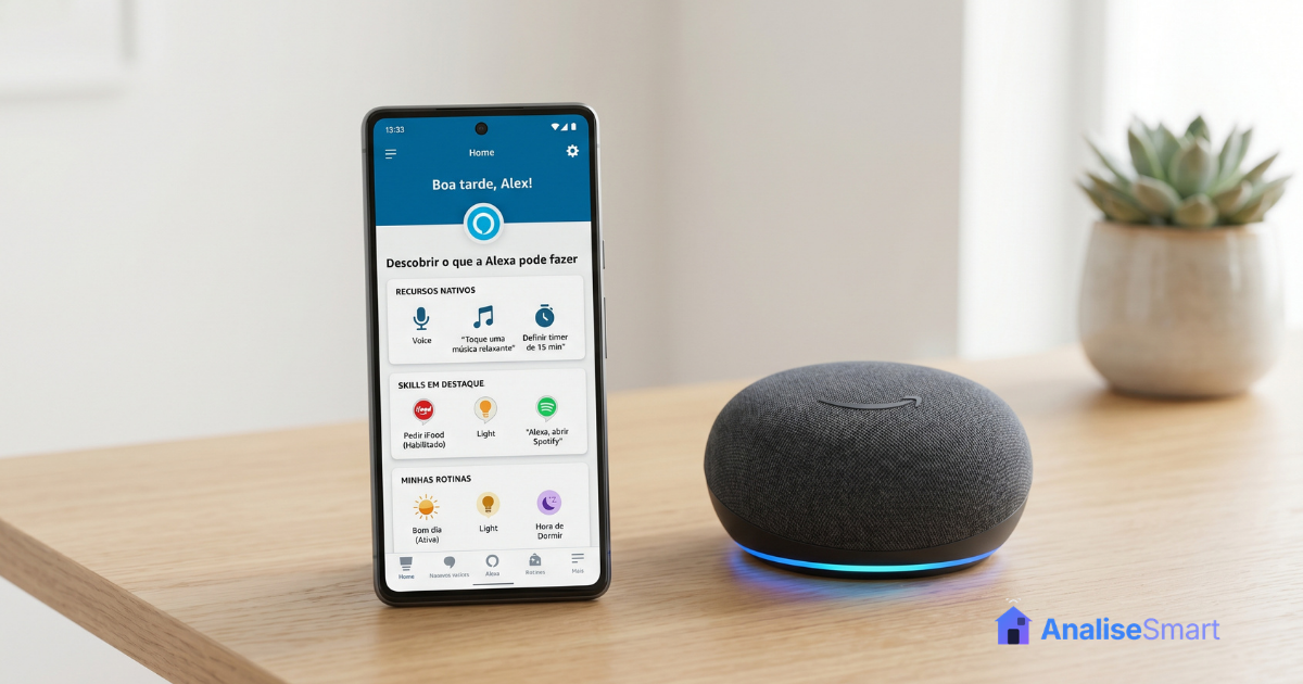 Infográfico comparando comando nativo, skill e rotina na Alexa