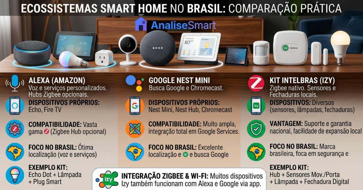 Infográfico comparando ecossistemas Alexa, Google Nest Mini e kit Intelbras para casa inteligente no Brasil