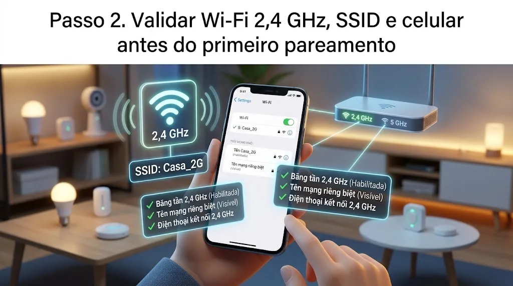 Passo 2. Validar Wi-Fi 2,4 GHz, SSID e celular antes do primeiro pareamento