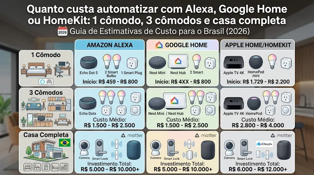 Quanto custa automatizar com Alexa, Google Home ou HomeKit: 1 cômodo, 3 cômodos e casa completa