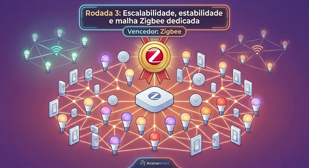 Rodada 3: Escalabilidade, estabilidade e malha Zigbee dedicada. Vencedor: Zigbee.