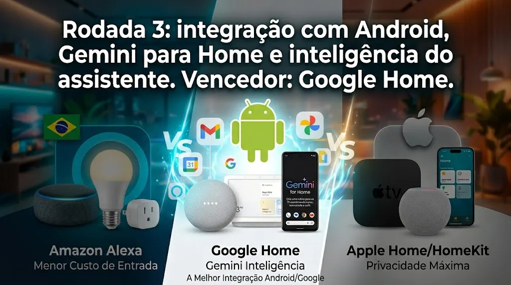 Rodada 3: integração com Android, Gemini para Home e inteligência do assistente. Vencedor: Google Home.