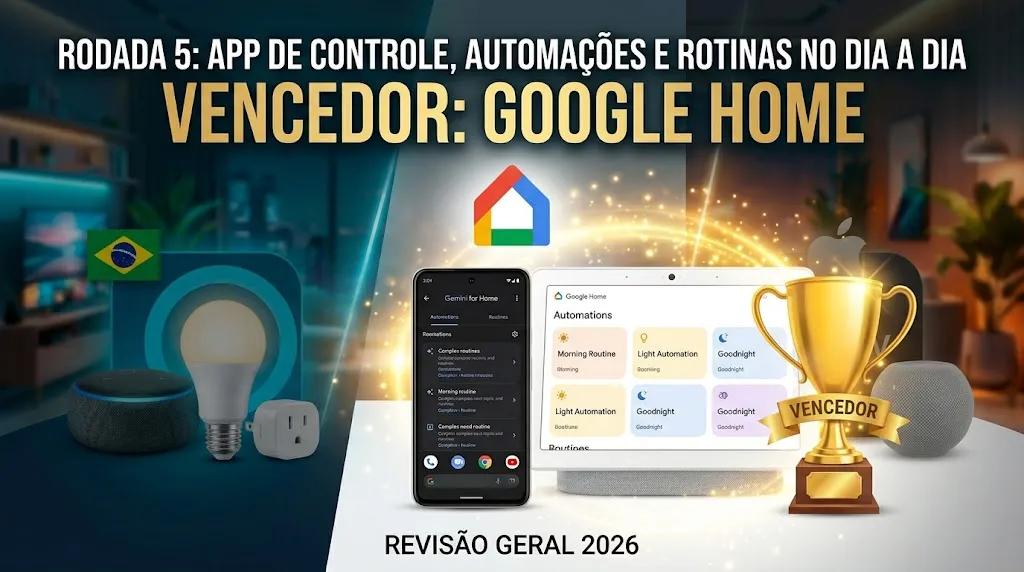 Rodada 5: app de controle, automações e rotinas no dia a dia. Vencedor: Google Home.
