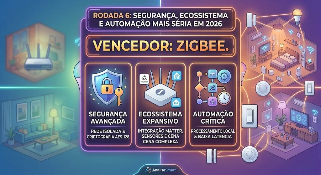 Rodada 6: Segurança, ecossistema e automação mais séria em 2026. Vencedor: Zigbee.
