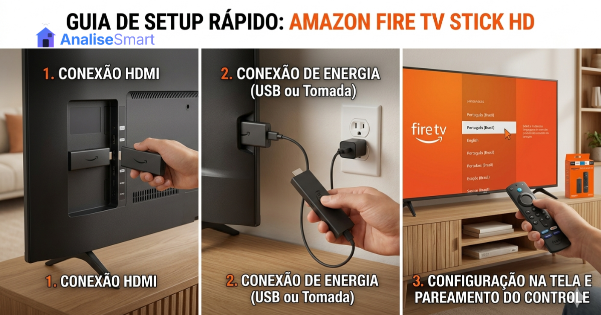 Setup do Amazon Fire TV Stick HD em 3 etapas: HDMI, energia e configuração na tela