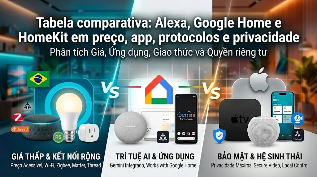 Tabela comparativa: Alexa, Google Home e HomeKit em preço, app, protocolos e privacidade