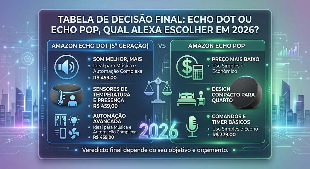 Tabela de decisão final: Echo Dot ou Echo Pop, qual Alexa escolher em 2026?