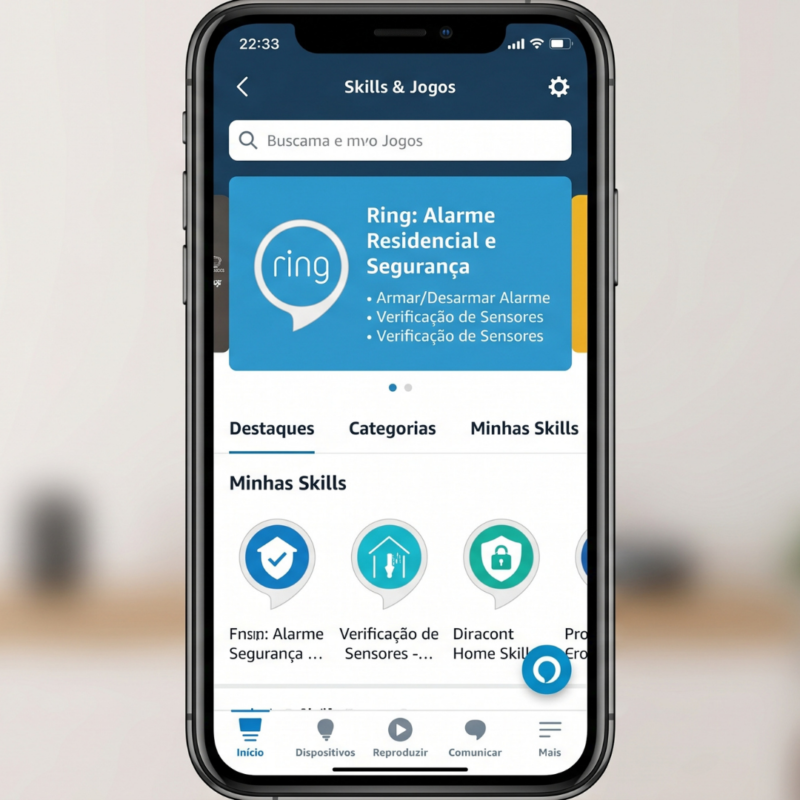 Tela do app Alexa na seção Skills e Jogos com skill Ring para integração de alarme residencial