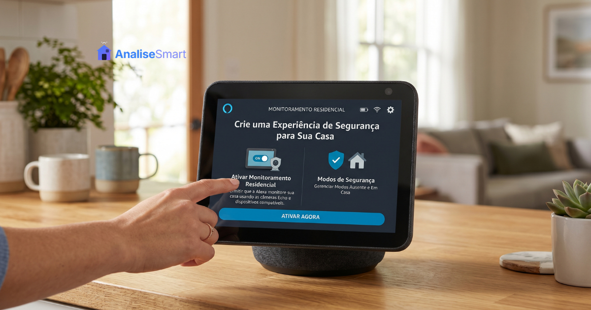 Tela do app Alexa ativando Monitoramento Residencial no Echo Show para segurança