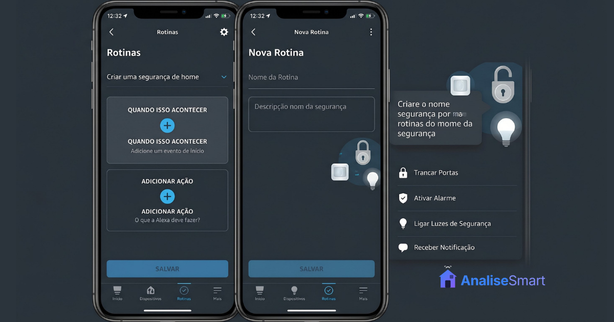 Tela do app Alexa na seção Rotinas para criar rotina de segurança residencial