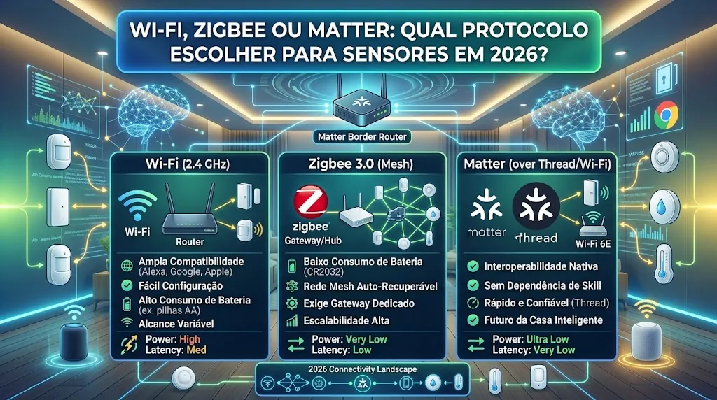 Wi-Fi, Zigbee ou Matter: qual protocolo escolher para sensores em 2026?