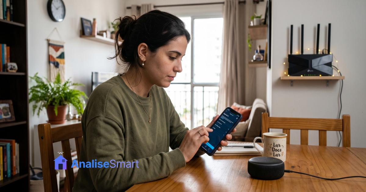 Pessoa alterando a rede Wi‑Fi de um Amazon Echo pelo aplicativo Alexa no celular.