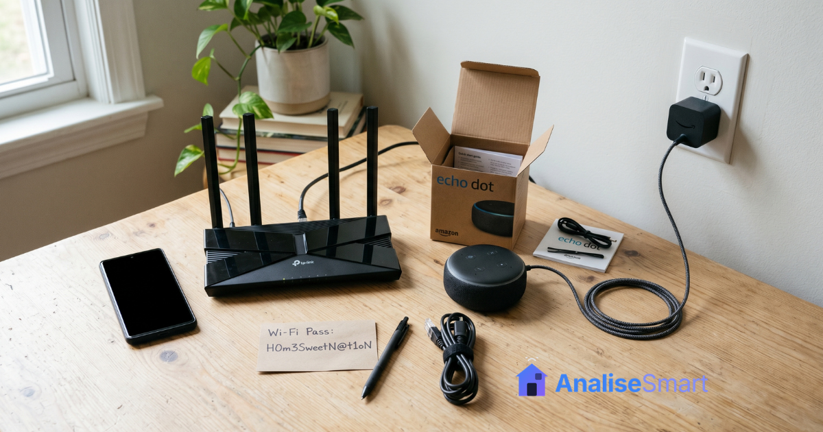 Itens necessários para configurar um Amazon Echo: celular com app Alexa, roteador Wi‑Fi, dispositivo Echo e senha da rede.