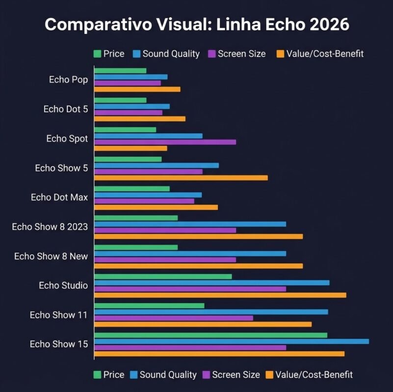 Gráfico comparativo visual da linha Amazon Echo 2026, mostrando preço, som, tela e custo-benefício de cada modelo