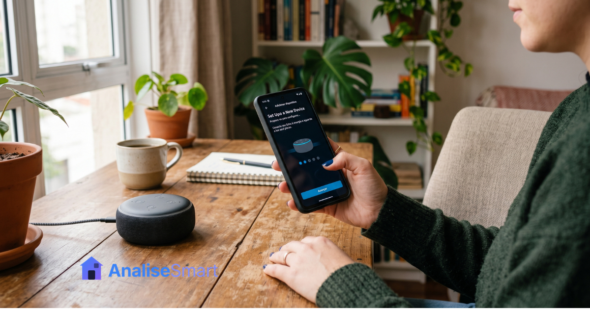 Celular com o app Amazon Alexa aberto durante a configuração passo a passo de um dispositivo Echo.