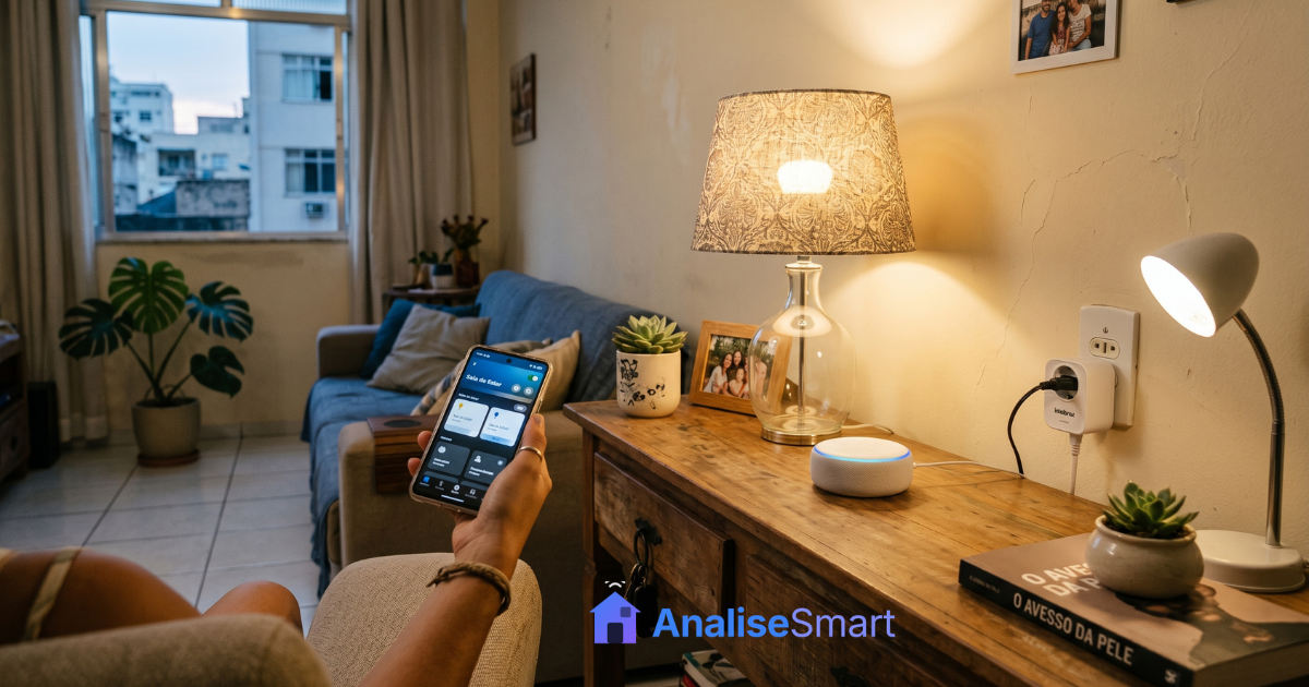 Amazon Echo ao lado de lâmpada inteligente e tomada inteligente sendo configuradas com Alexa em uma casa.