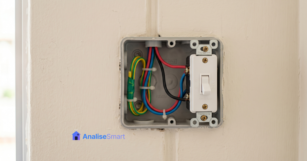 caixa de interruptor aberta com fios visíveis para instalação de interruptor inteligente no Brasil