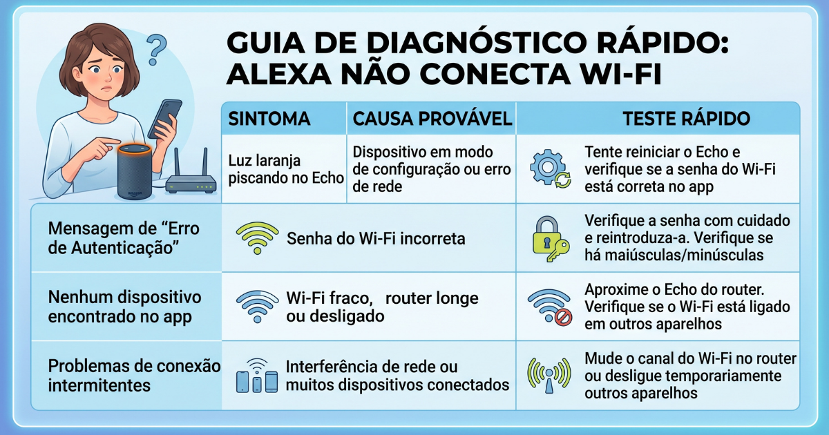 tabela de sintomas com causa provável e teste rápido | alt: diagnóstico rápido Alexa não conecta wifi