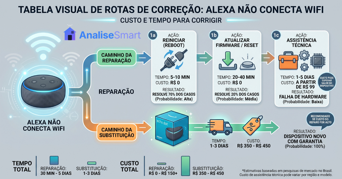 tabela visual de rotas de correção com custo e tempo | alt: custo para corrigir Alexa não conecta wifi