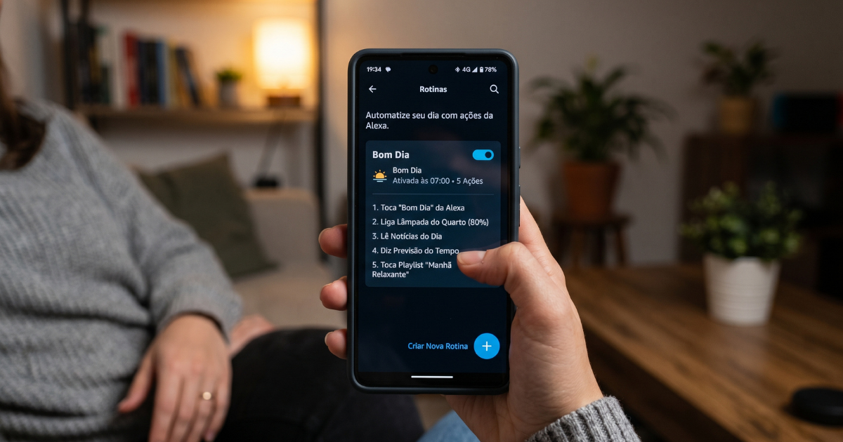 Tela do app Alexa mostrando a seção Rotinas no celular