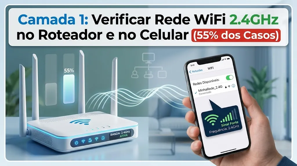 Camada 1: Verificar Rede WiFi 2.4GHz no Roteador e no Celular (55% dos Casos)