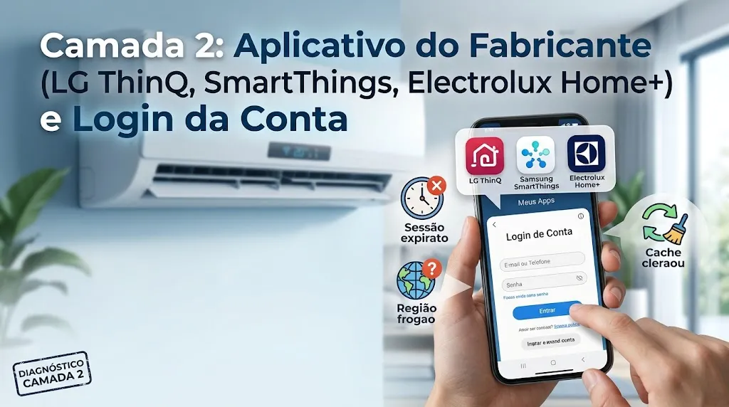 Camada 2: Aplicativo do Fabricante (LG ThinQ, SmartThings, Electrolux Home+) e Login da Conta