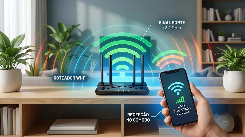 Camada 2: Rede Wi-Fi 2,4 GHz do roteador e sinal no cômodo