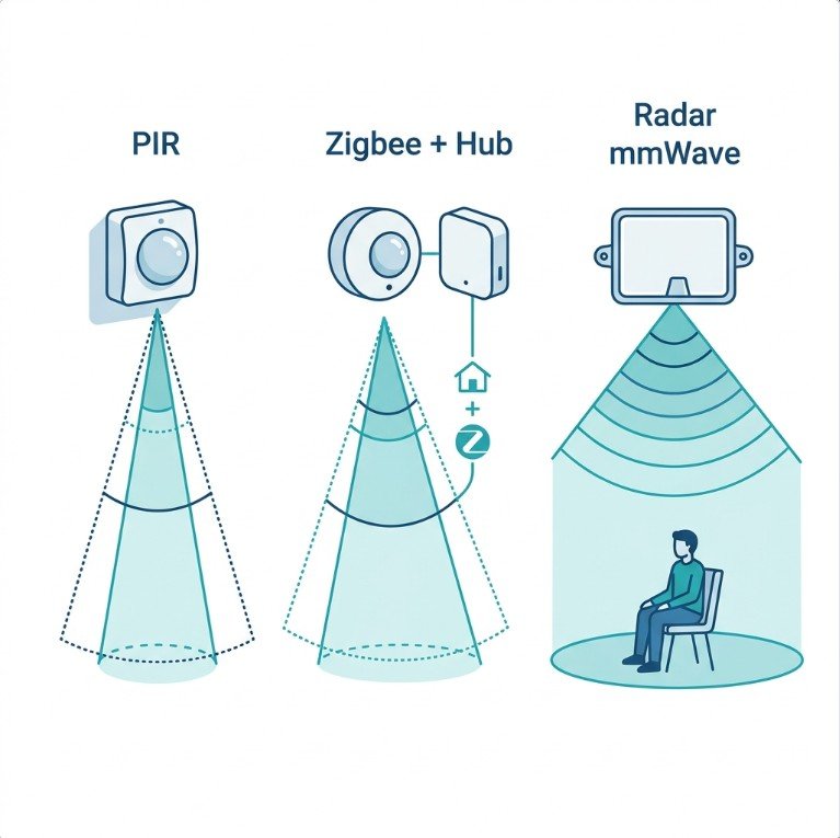 Comparação entre sensor PIR, Zigbee e radar para automação