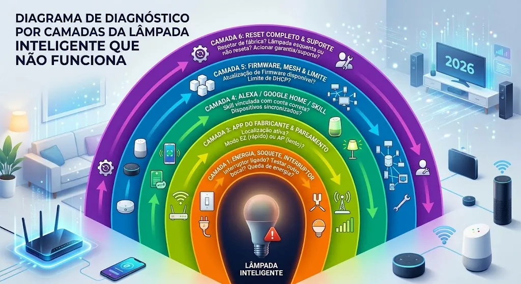 Diagrama mostrando as 6 camadas de diagnóstico de uma lâmpada inteligente