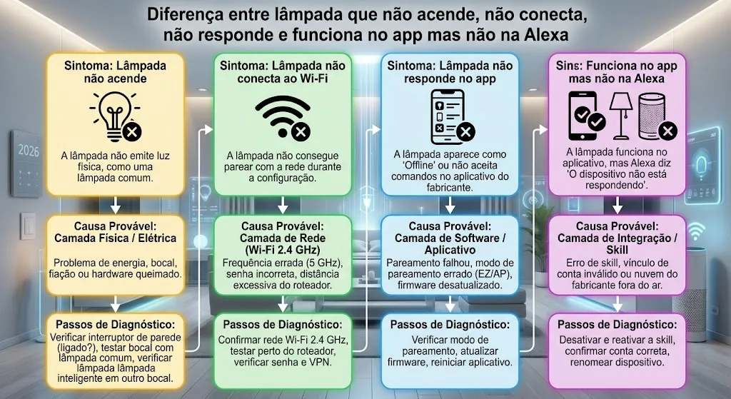 Diferença entre lâmpada que não acende, não conecta, não responde e funciona no app mas não na Alexa