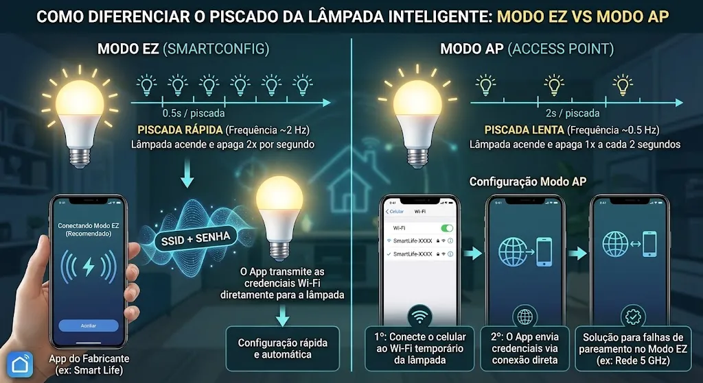 Diferença entre modo EZ e modo AP no pareamento da lâmpada inteligente