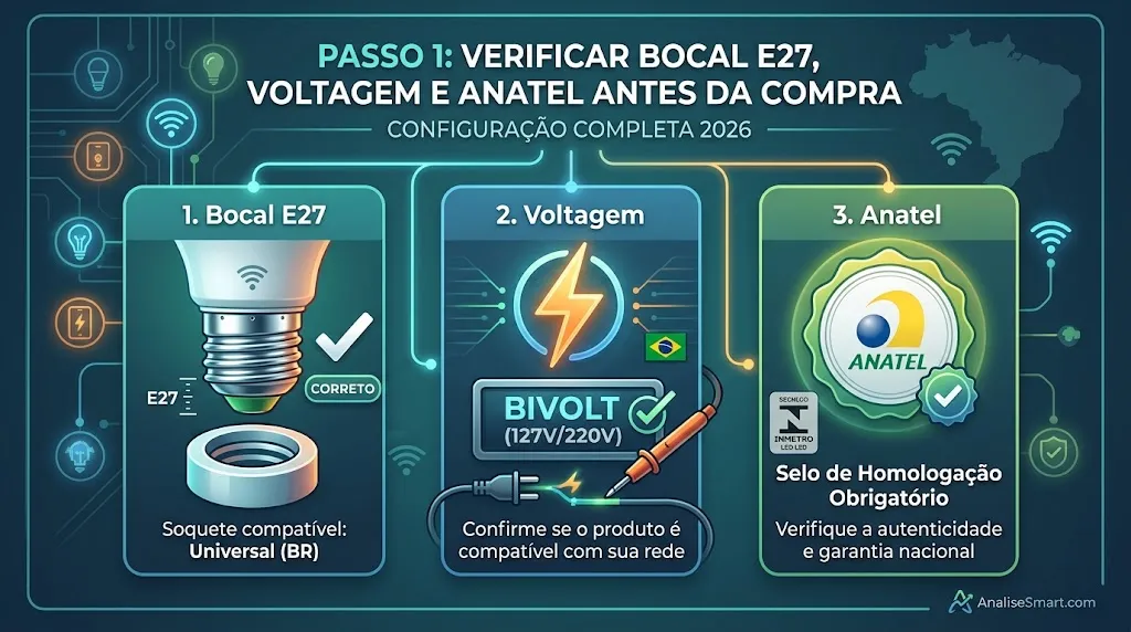 Passo 1: Verificar bocal E27, voltagem e Anatel antes da compra