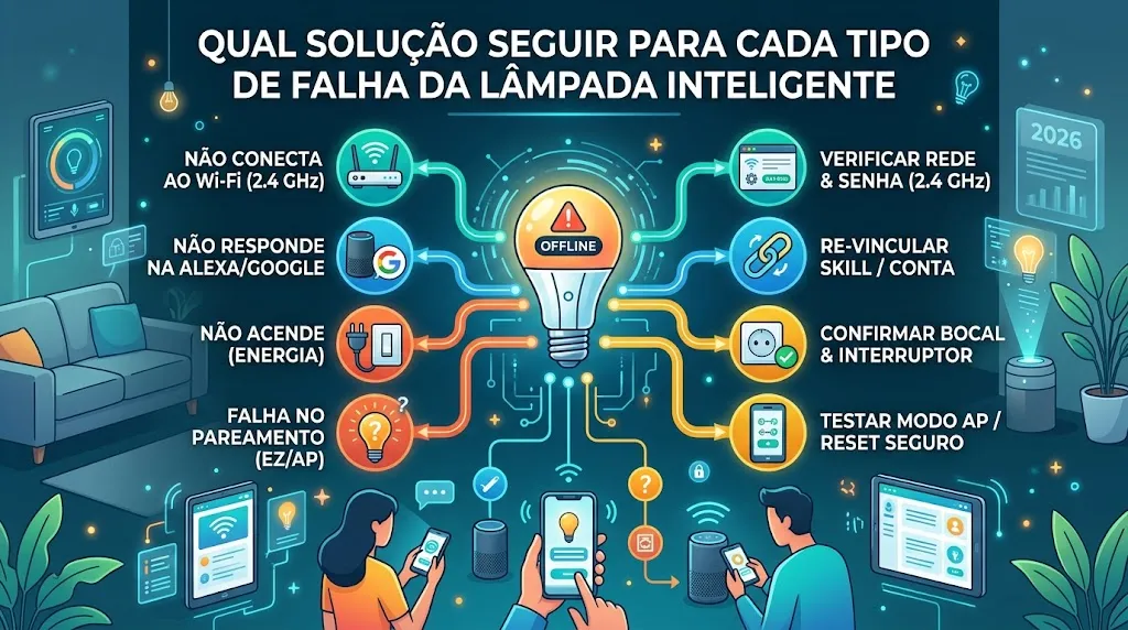 Qual solução seguir para cada tipo de falha da lâmpada inteligente